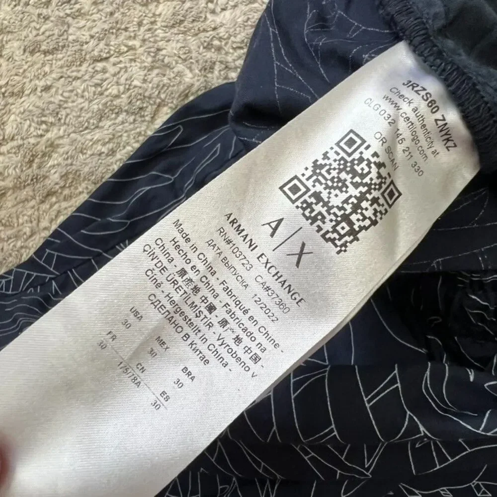 Armani Exchange Drawstring Waist Blue White Palm Print Shorts Mens Size 30